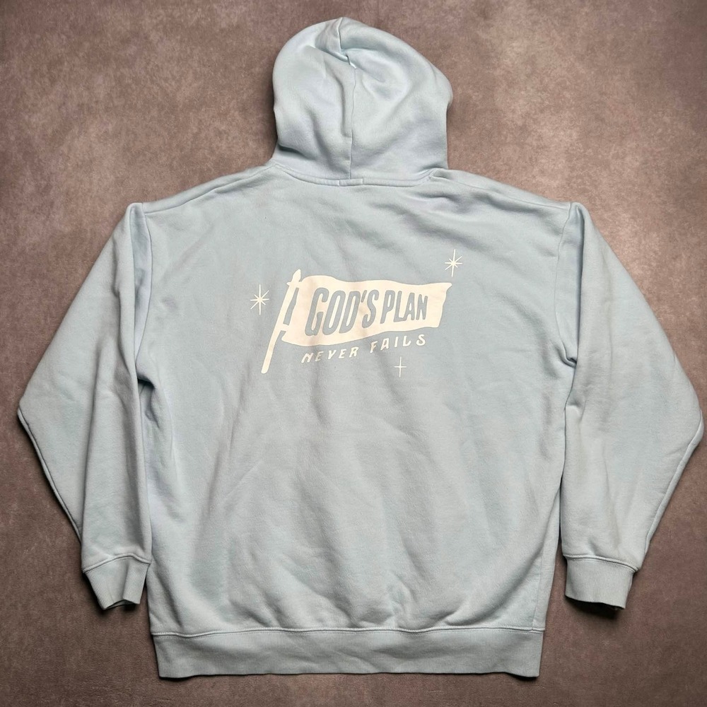 Elevated Faith Gods Plan Never Fails Light Blue Graphic Hoodie Large Mens Womens
